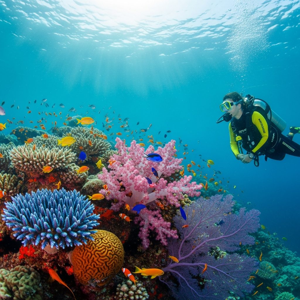 Scuba diver exploring vibrant coral reef at Komodo dive site