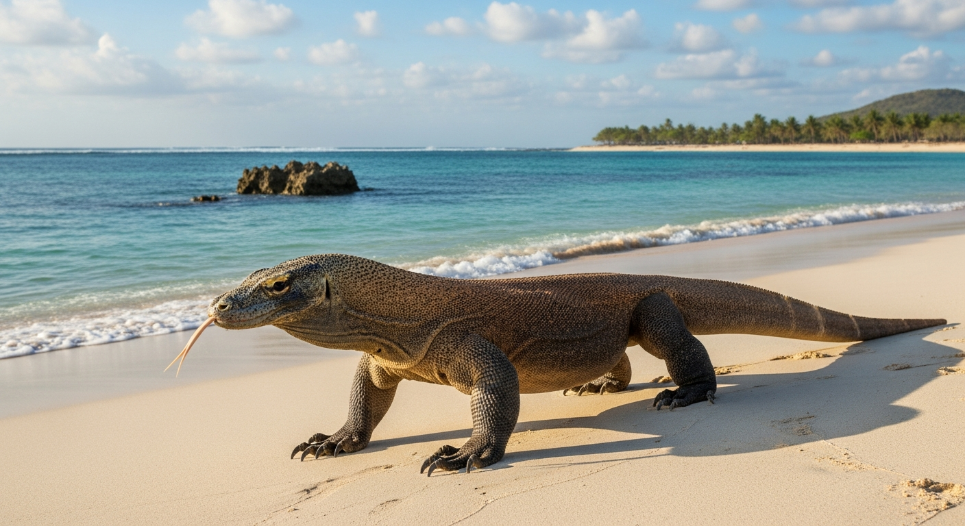 Komodo dragon on beach at Komodo Island