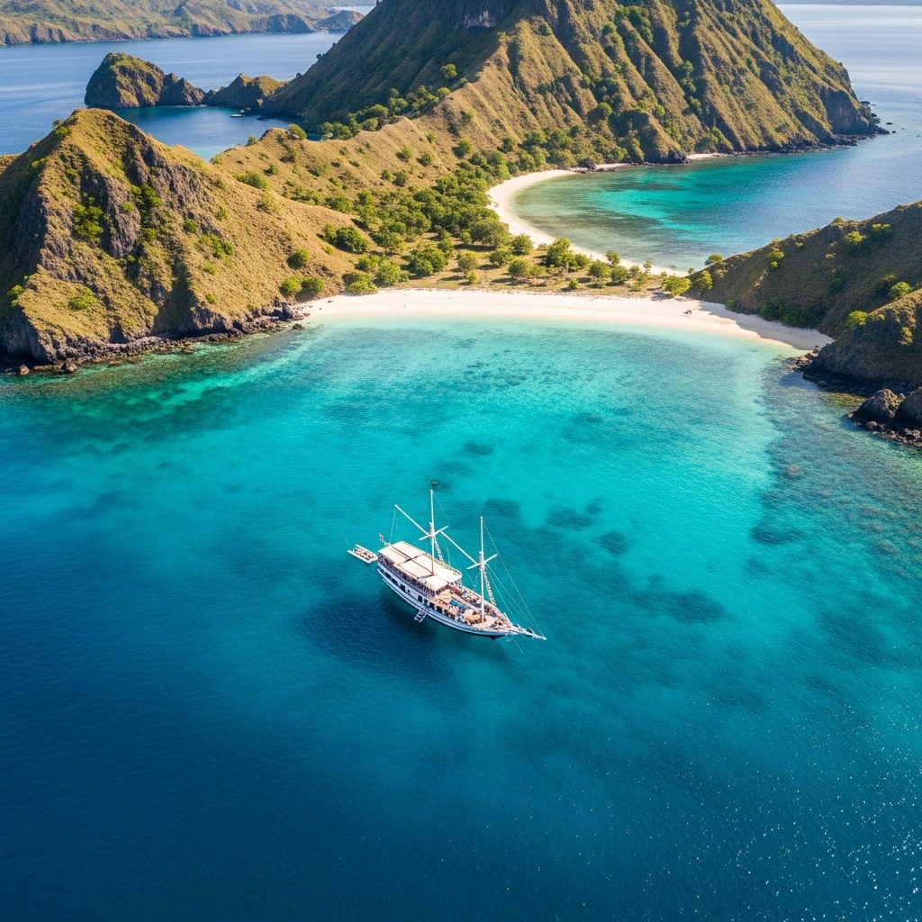 Luxury Komodo liveaboard boat anchored near Padar Island