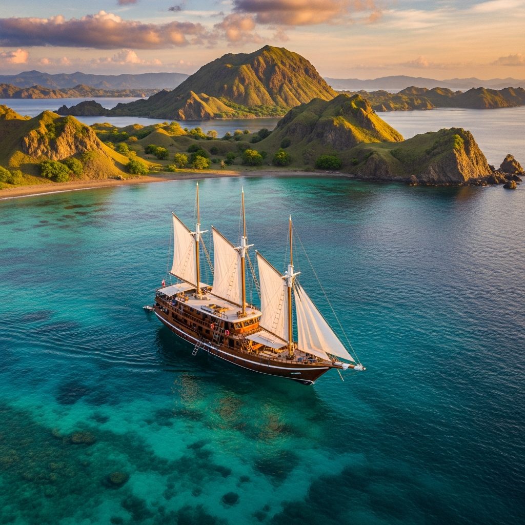 Premium liveaboard yacht sailing through turquoise waters of Komodo National Park at sunset