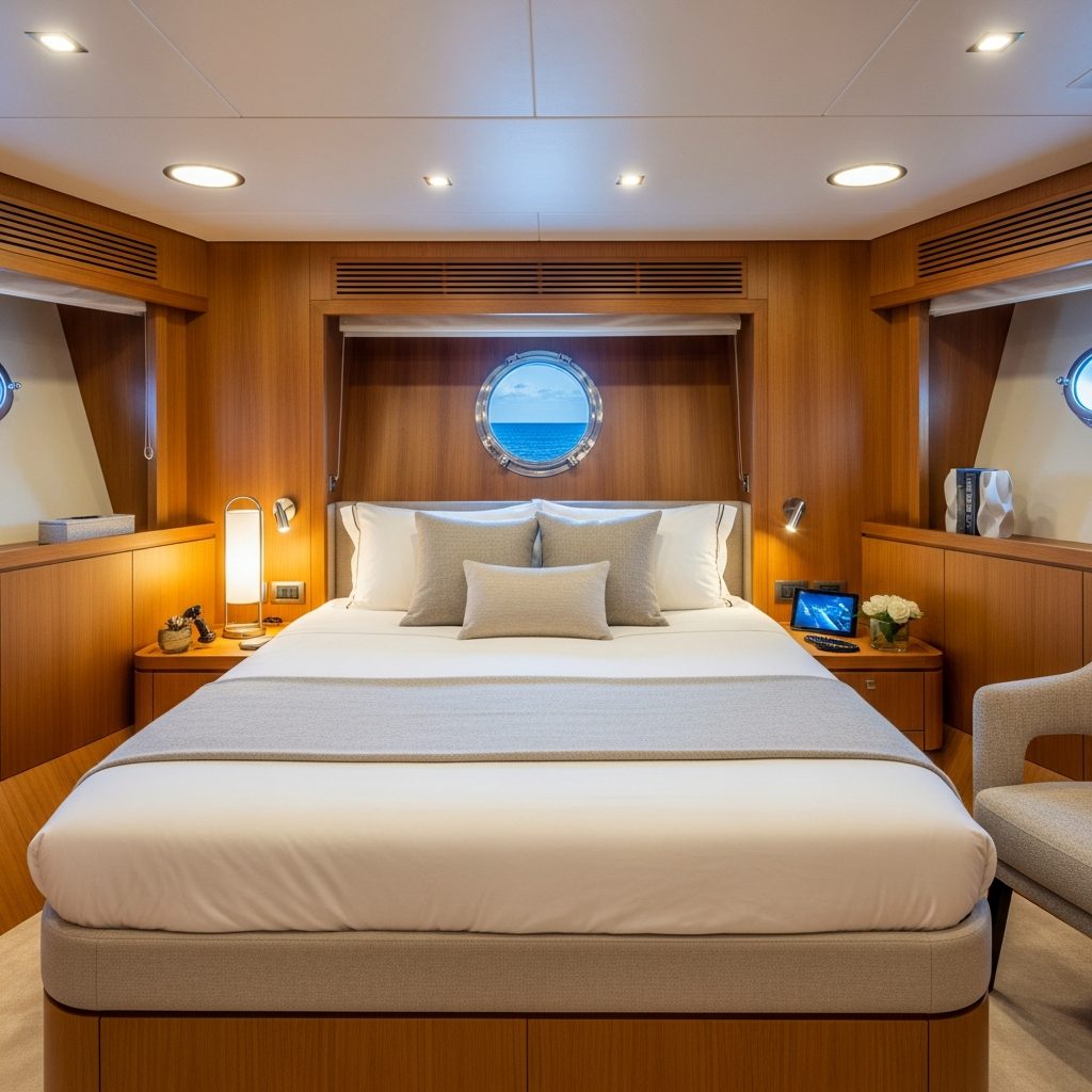 Premium liveaboard cabin interior with ocean view