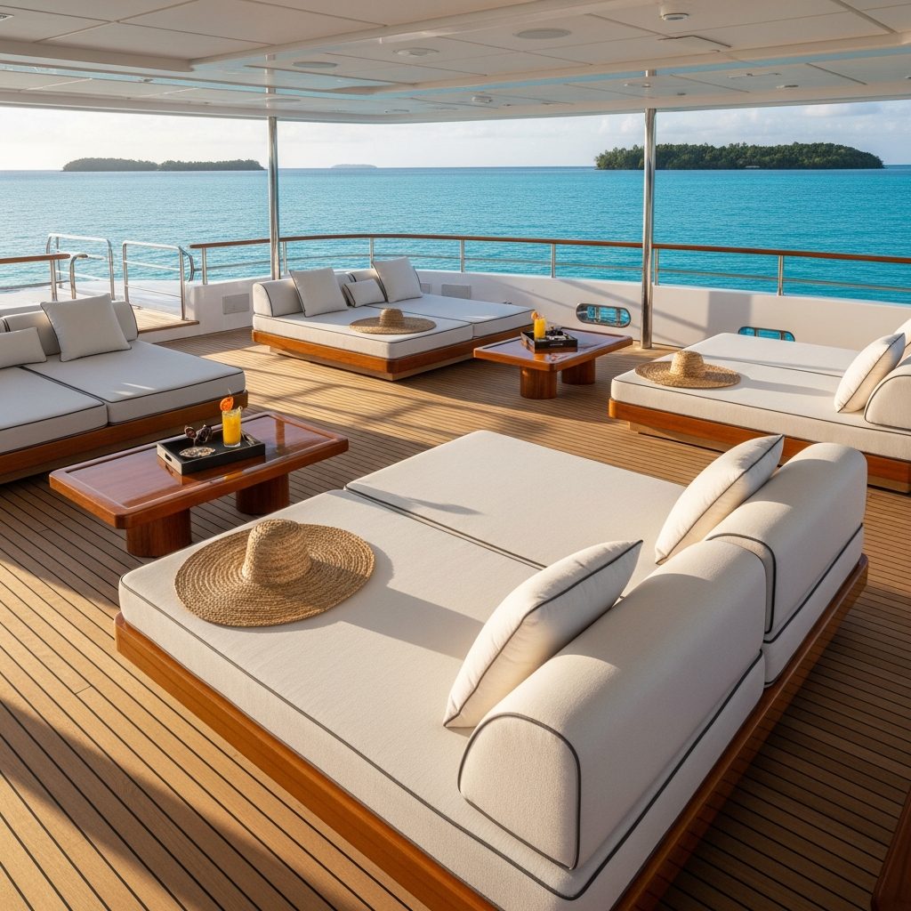 Luxury liveaboard sundeck with premium furnishings overlooking Komodo waters