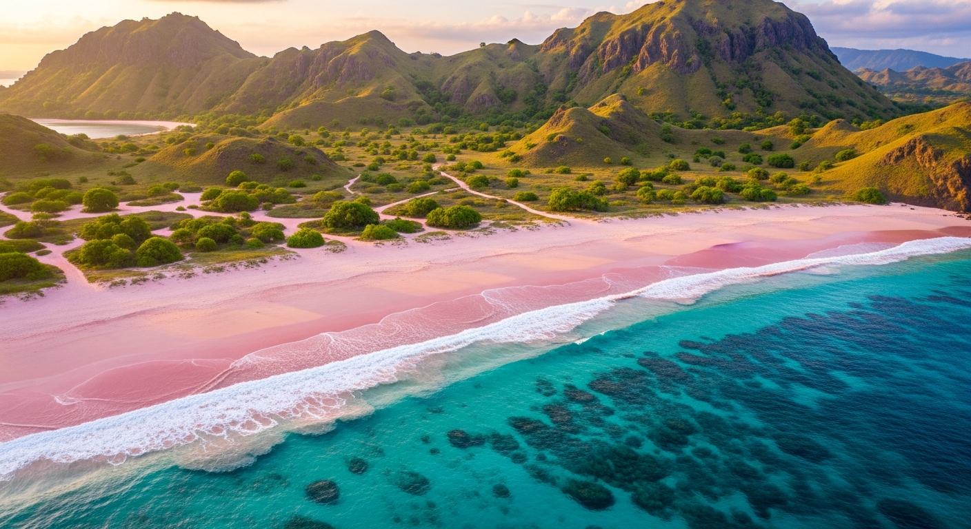 Pink Beach Komodo - aerial view of unique pink sand beach