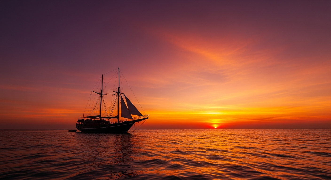 Sunset cruise on luxury phinisi in Komodo